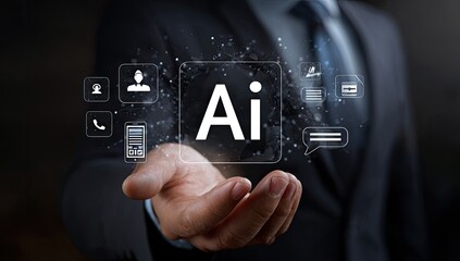 Businessman's hand holds holographic AI interface with icons