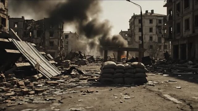 A devastated urban street, choked by smoke and rubble, with sandbag barricades, vividly portraying the destructive aftermath of intense, escalating riot protests.