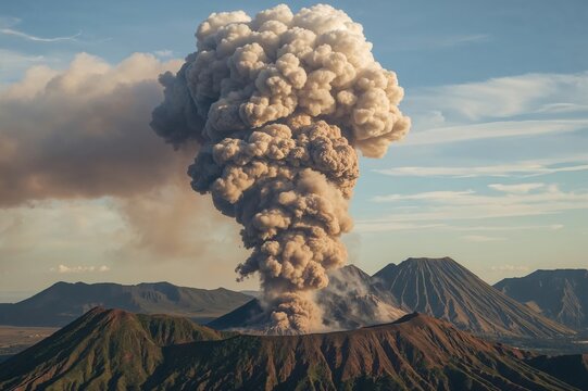 Natural color image displaying dense brown plumes ascending from two active volcanoes, highlighting the prominent smoke from one of them.