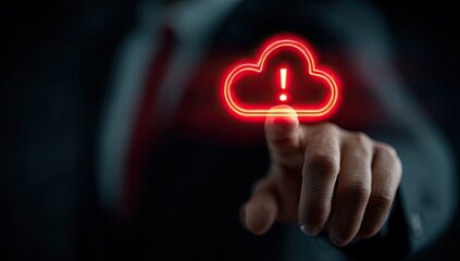 Businessperson's finger touches a glowing red cloud icon with an exclamation point, signifying a cloud computing error or alert
