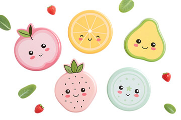 Cute kawaii fruit characters with smiling faces isolated on transparent background