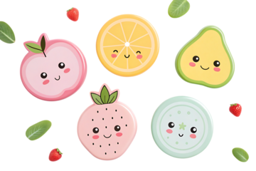 Cute kawaii fruit characters with smiling faces isolated on transparent background