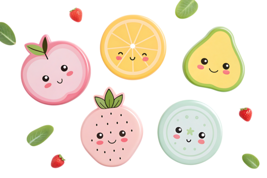 Cute kawaii fruit characters with smiling faces isolated on transparent background