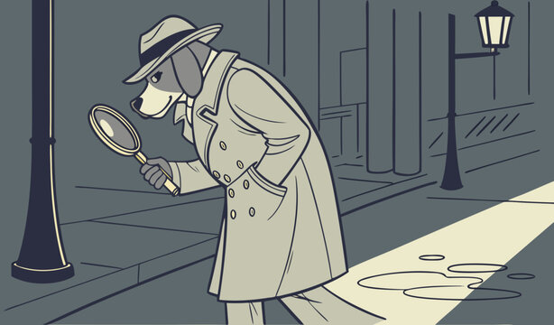 A dog dressed as a private detective investigating a crime scene at night, cinematic lighting, mysterious mood, highly detailed and photorealistic humorous stock photo."