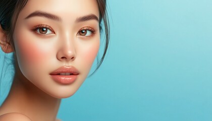 Naklejka premium Beautiful Asian Woman With Clean And Fresh Skin, Natural Makeup, And Sparkling Eyes On Blue Background. Expert Facial Treatment And Cosmetology Services For Beauty Enhancement.
