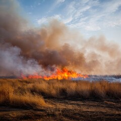 Naklejka premium Wildfire Inferno: Burning Grassland Landscape