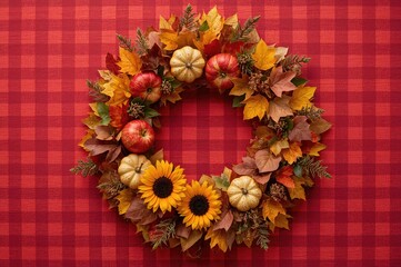 Photo of a seasonal wreath on a red plaid background featuring pumpkins, apples, sunflowers, and autumn leaves for a fall harvest market advertisement.