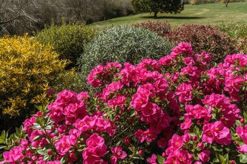 Fototapeta premium Vibrant pink bougainvillea plants at the front, accompanied by yellow and green foliage, interspersed with red blossoms