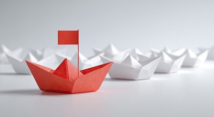 A single red paper boat, distinguished by its color, stands out among a group of identical white paper boats