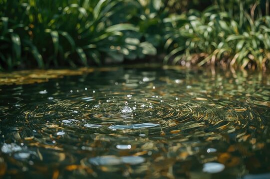 Close-up of water droplets and ripples in a garden pond setting, featuring natural elements and bubbles