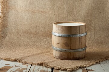 Vintage milk container on rustic burlap with wooden background