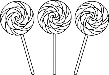 Three swirled lollipops on sticks isolated on white background