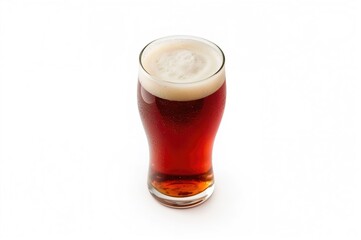 Glass of crimson ale against a white backdrop