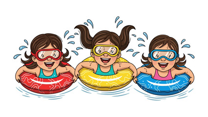 Summer Joy: Cheerful children, each with their own floating ring, are diving in the water, captured in a colorful and fun illustration, creating a delightful scene of summer enjoyment.