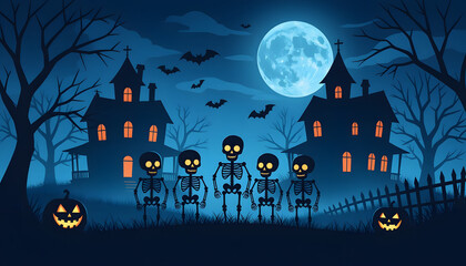 Skeletons standing in front of haunted houses for Halloween decor  
