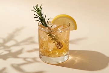 Alcoholic apple pie cocktail featuring vodka, apple liqueur, cinnamon, lemon, and rosemary garnish on a light beige background with shadow patterns