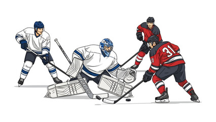 Obraz premium Hockey Showdown: Dynamic depiction of ice hockey action, players battling intensely, with a goalie defending their goal amidst the fast-paced, competitive play of the sport.