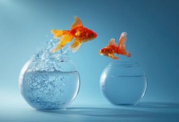 Two goldfish leap from a smaller to a larger bowl