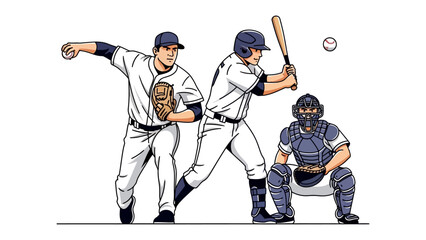 Baseball Game Illustration: Dynamic artwork of a baseball game in full swing, depicting a pitcher, batter, and catcher engrossed in the sport.