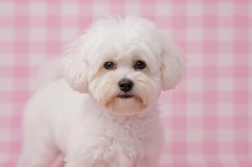 Obraz premium Purebred Bichon Frise posing in front of a pink and white plaid backdrop for an Easter-themed photo session.