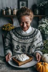 A woman sits at a rustic table in a cozy kitchen, smiling as she holds a slice of pumpkin dessert topped with whipped cream. Autumn decor enhances the warm atmosphere