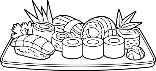 Hand drawn illustration of assorted sushi and rolls on a platter