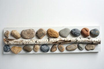 A decorative arrangement of various colored stones and a birch branch on a white wooden plank, showcasing a calming and natural aesthetic.