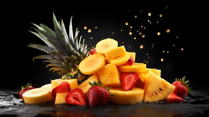 Abstract fruit arrangement of pineapple wedges, strawberries, and banana coins spinning in golden-orange splash trail on jet-black background, hyper-realistic textures, full frame,