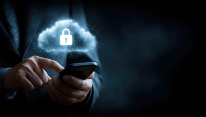 A person uses a phone, with a glowing cloud and lock graphic superimposed, suggesting secure cloud storage