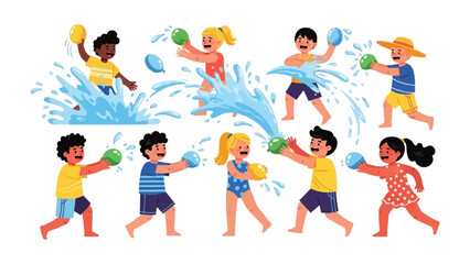 Fototapeta premium Splashing Summer: Captivating the spirit of playfulness, this photorealistic image unveils a cheerful group of children reveling in a spirited water fight under a sunny day. 