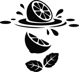 Stylized black and white illustration of a lemon splashing into water with mint leaves