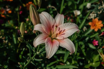 Fototapeta premium Beautiful pink Asiatic lily blooming in a garden setting with a natural summer backdrop