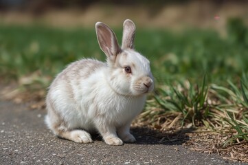 Fototapeta premium Adorable young fluffy rabbits with bright eyes sitting outdoors on a sunny day, representing the spirit of spring celebrations.