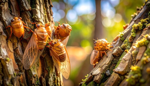 Close-up of cicadas clinging to bark of a tree in a forest setting, bathed in warm sunlight.