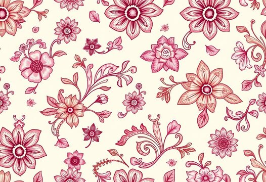 Fototapeta Beige pink seamless floral paisley pattern, hand-drawn texture for fabric, pretty, fantasy