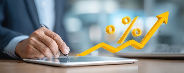 Businessperson using tablet, overlaying a 3D graphic of a percentage increase