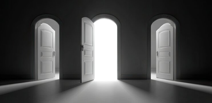 Three white doors, two closed, one open to a bright light