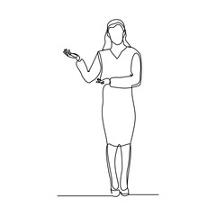 continuous line of standing business woman show presentation office meeting gesture. Vector illustration editable stroke sketch drawing of business concept