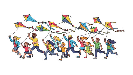 Kite Flying Joy: A colorful illustration of a group of people of different ages excitedly running, their kites soaring high above them, a symbol of joy, freedom.