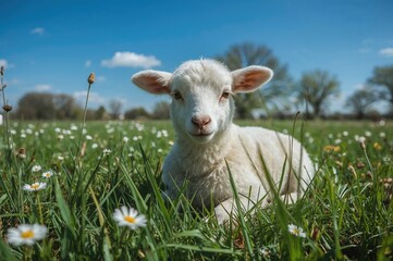 Obraz premium Close-up of a young sheep resting in a grassy field during spring