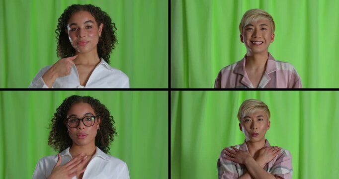 Composite video clip comprising four frames of two people making different gestures and expressions in the studio. They are both wearing casual clothing, looking directly at the camera.