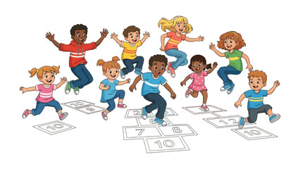 Joyful Hopscotch Game: A vibrant illustration captures a diverse group of children immersed in a spirited game of hopscotch, their playful energy filling the air with laughter and delight.