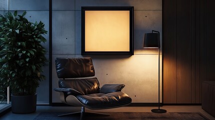 A dimly lit interior scene features a leather armchair, a potted plant, a floor lamp, and a large framed artwork on a concrete wall.  