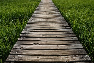 Fototapeta premium The aged wooden bridge's detailed texture contrasts beautifully with the vibrant green grass, creating a serene and natural scene
