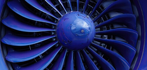 Close-up view of a vibrant blue airplane jet engine