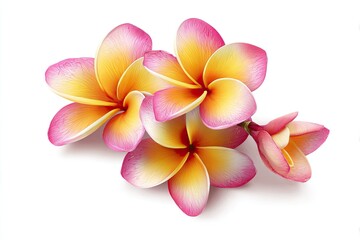 Obraz premium Close-up of three plumeria blossoms, vibrant yellow-orange centers, with soft pink edges, arranged casually on a white background
