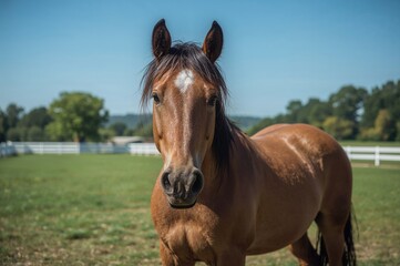 Obraz premium A brown, gray, and black horse standing patiently before riding practice at the equestrian center