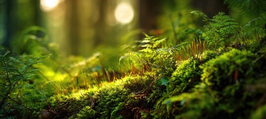 Close-up of vibrant green moss and ferns in a sunlit forest floor