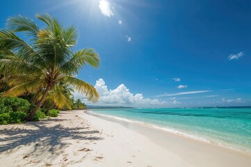 Fototapeta premium White sandy shore lined with palm trees under a clear blue sky and ocean