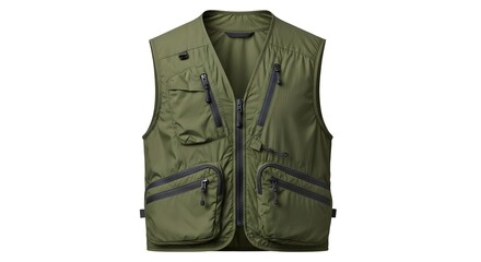 Naklejka premium Olive Green Multi-Pocket Utility Vest for Outdoor Activities, Fishing, Hunting, and Photography, Isolated